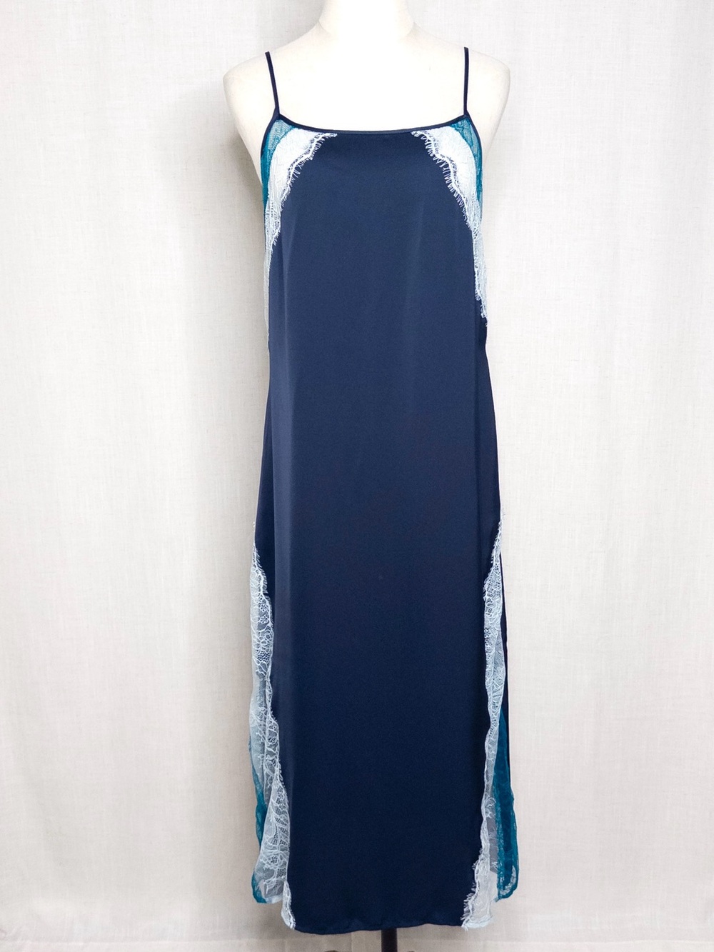 Ramy Brook Yara Lace Trim Satin Slip Dress Navy Blue Midi Size 8